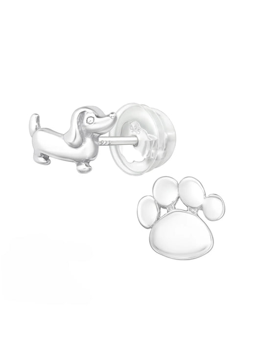 Silver Dog & Paw Print Stud Earrings