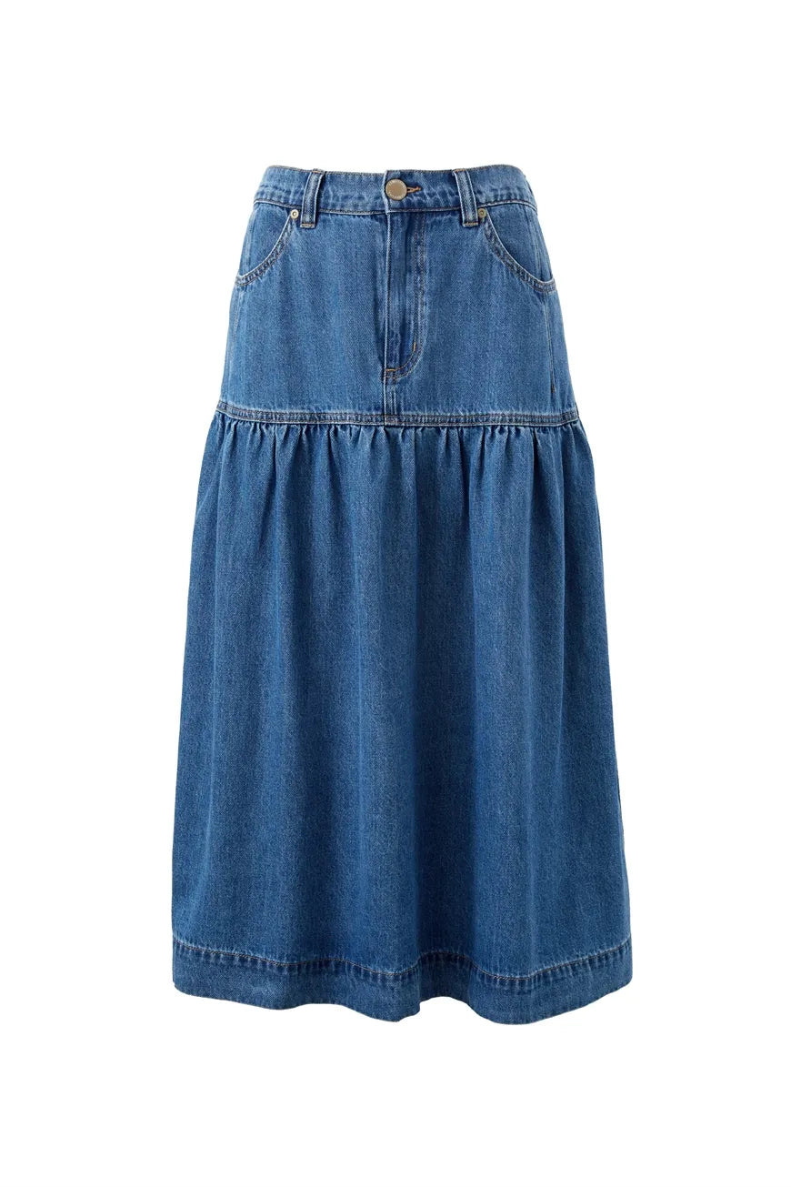 Drop Waist Denim Midi Skirt - Indigo