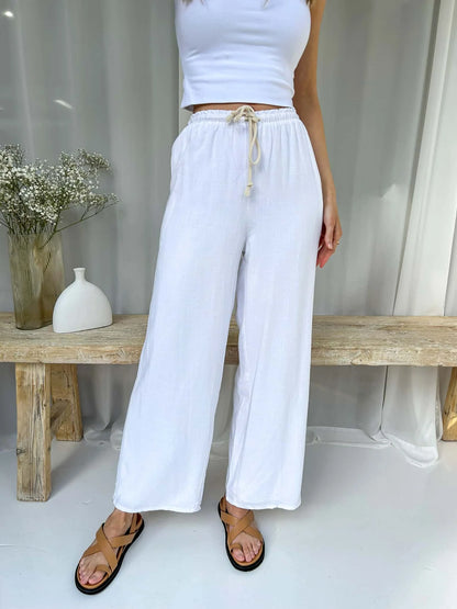 Linen Draw String Pants- White