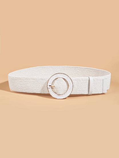 White Stretchy Round Buckle Straw Belt