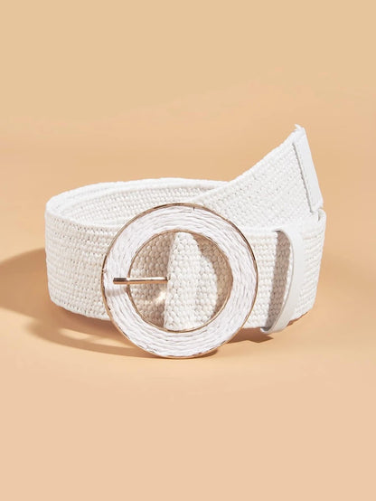 White Stretchy Round Buckle Straw Belt