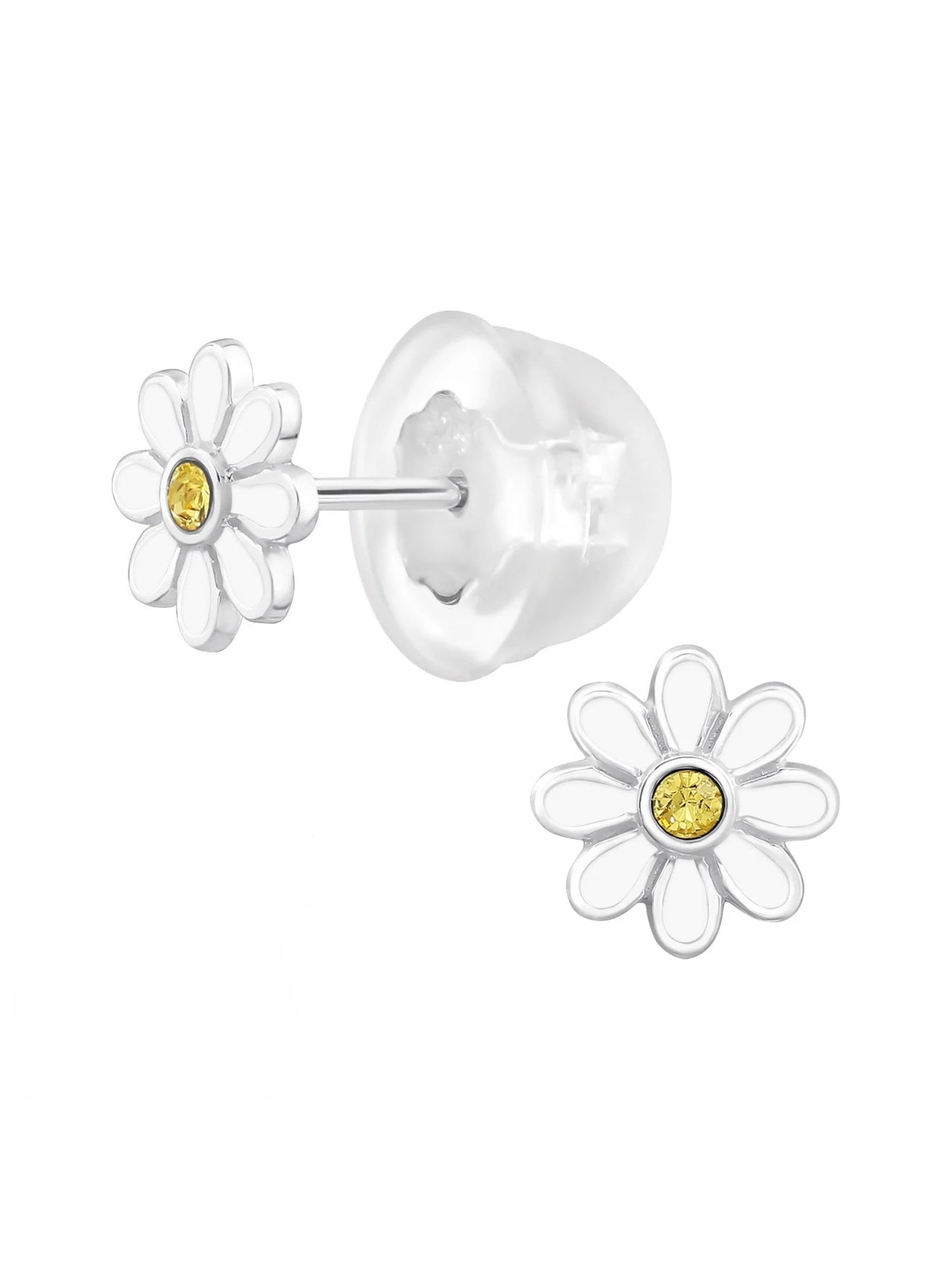 Silver Flower Stud Earrings - Crystal and Epoxy