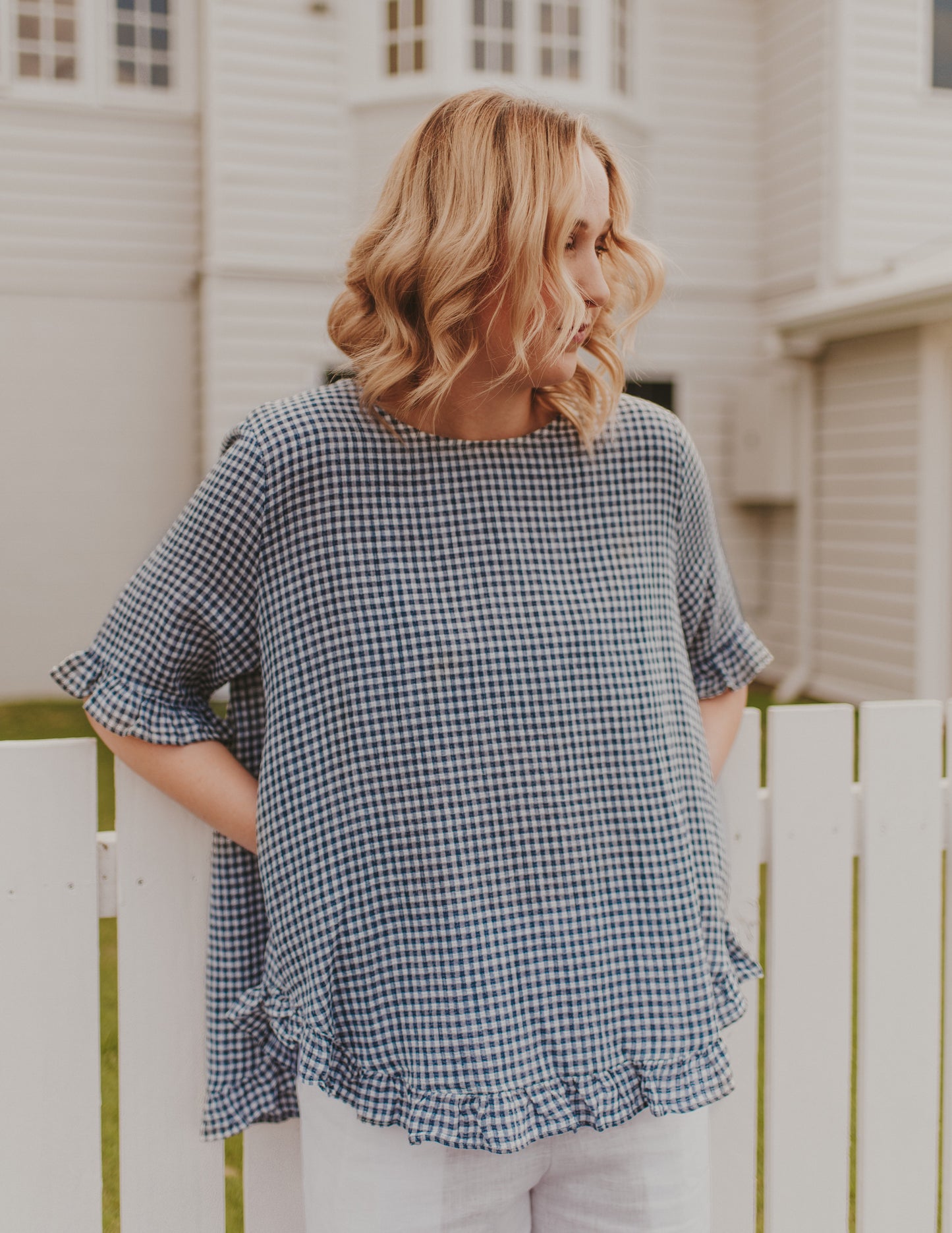 GINGHAM MIDDLE SLEEVE FRILL TOP - BLUE