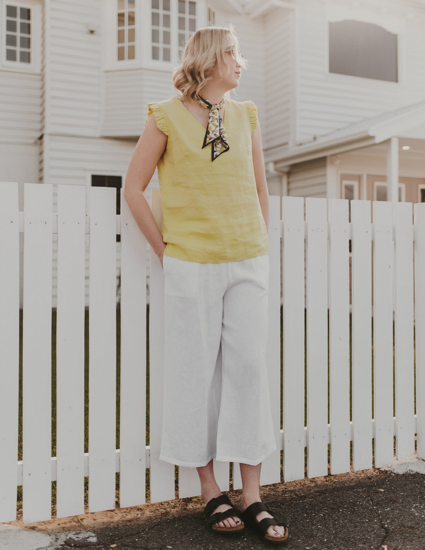 Frill Linen Top V Neck - Lemon