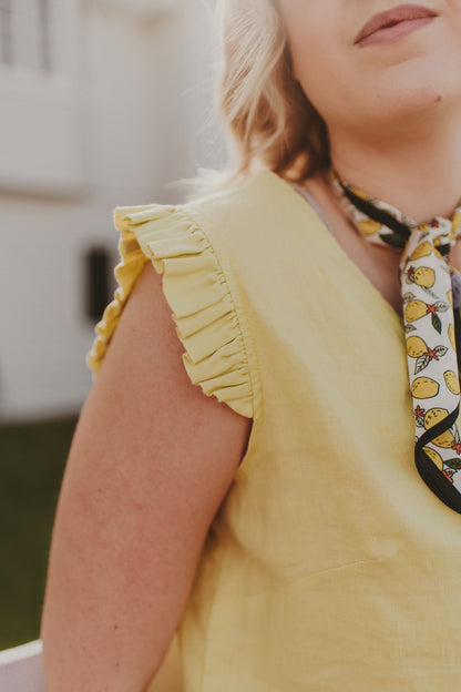 Frill Linen Top V Neck - Lemon