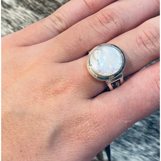 Silver Coin Pearl Ring