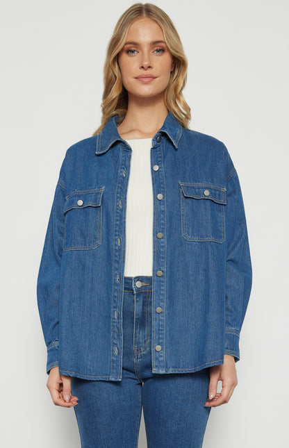 Button Up Denim Shacket with Front Pockets