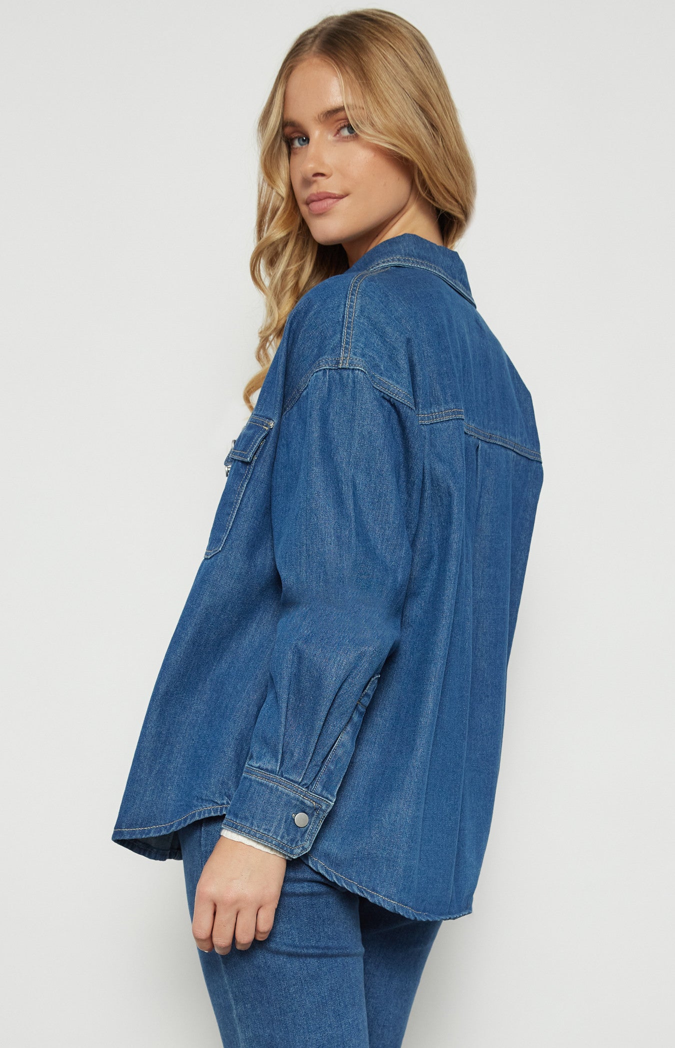 Button Up Denim Shacket with Front Pockets