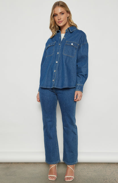 Button Up Denim Shacket with Front Pockets