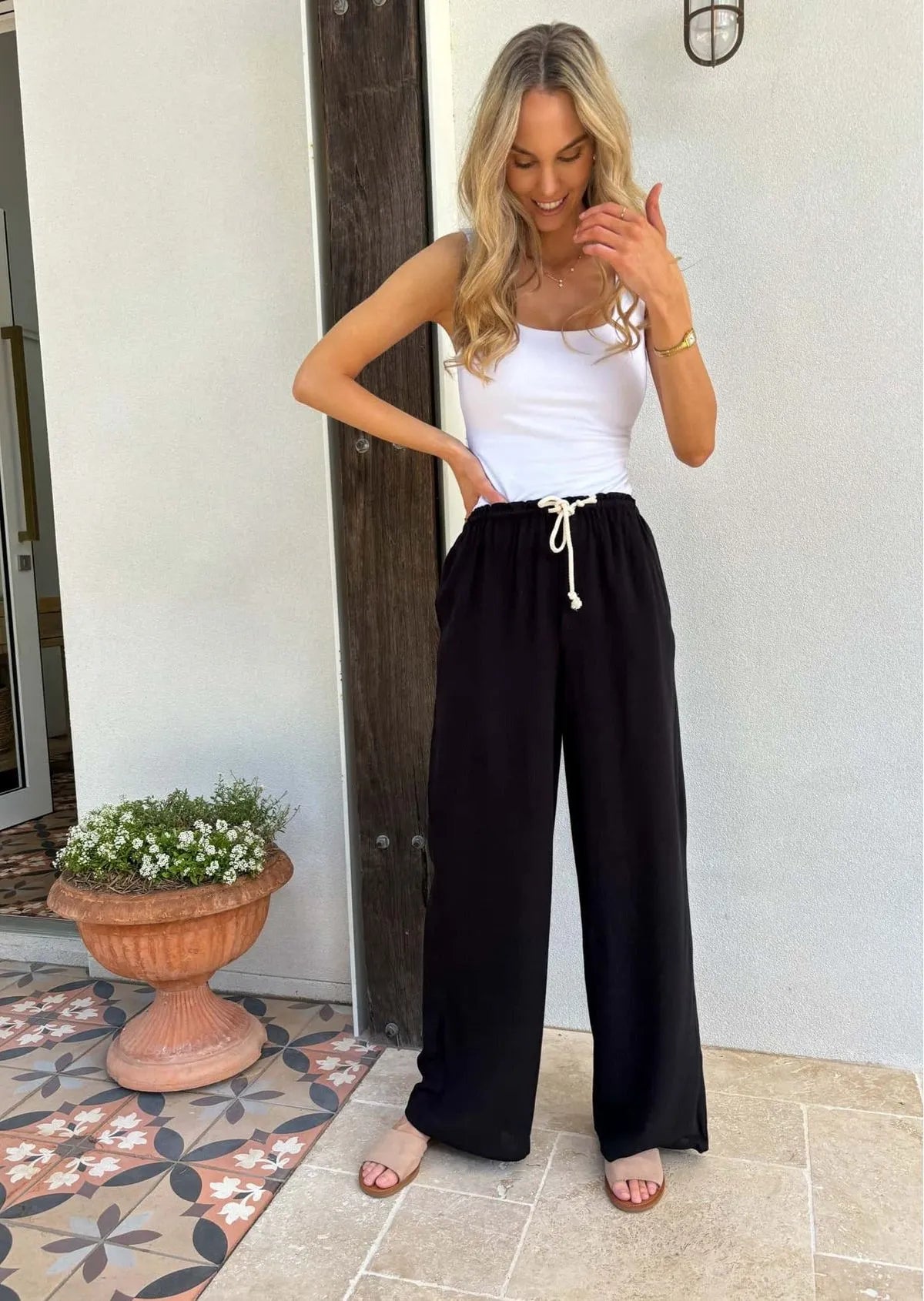 Linen Draw String Pants- Black