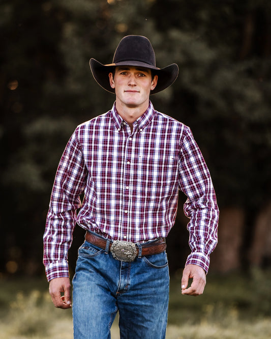 Men's Long Sleeve Shirt - Maroon Plaid