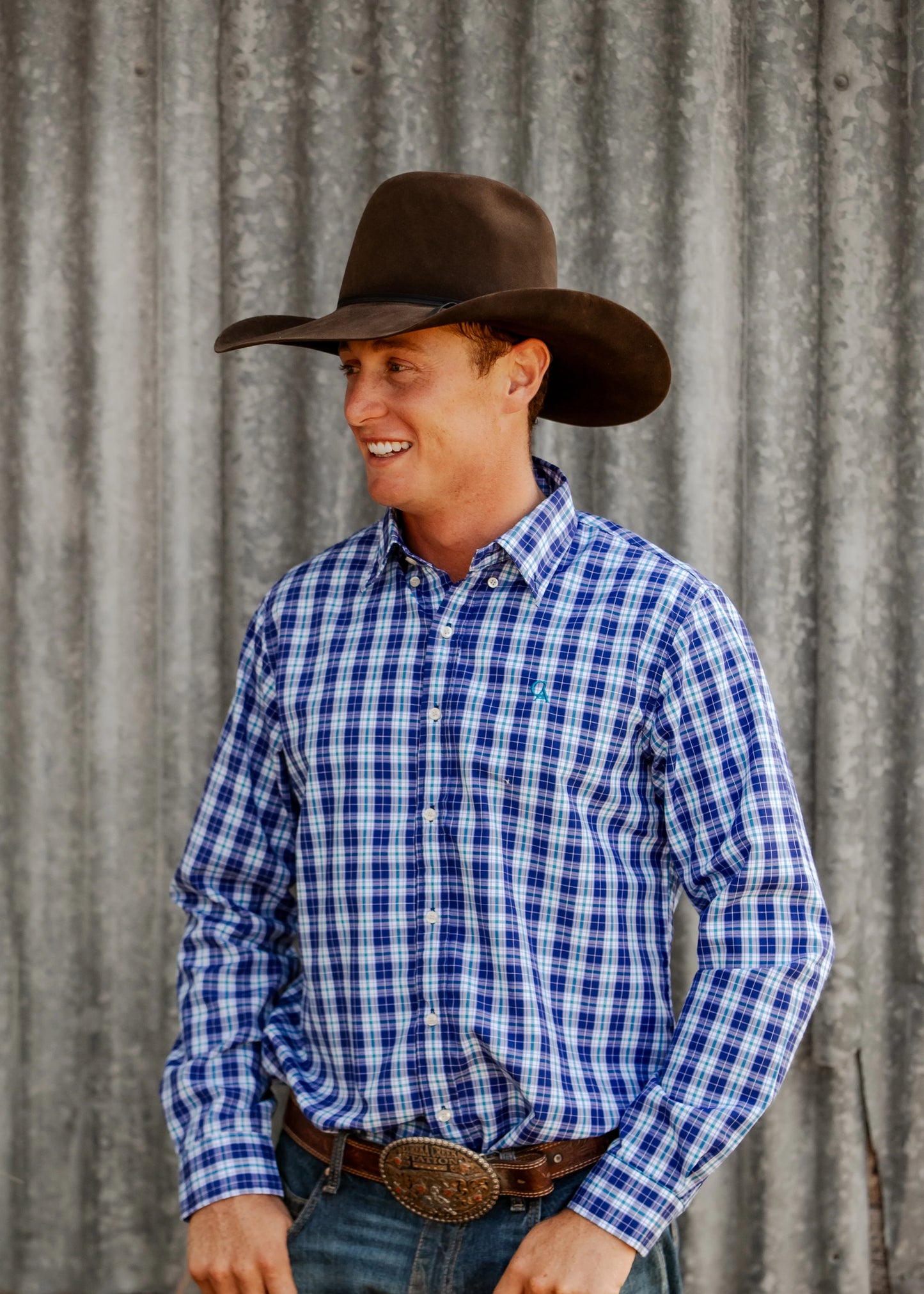 Men's Long Sleeve Shirt - Navy/Teal Plaid