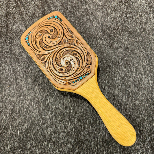 Hair Brush with Leather Carved Details