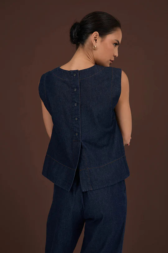 Kita Light Weight Denim Button Back Top