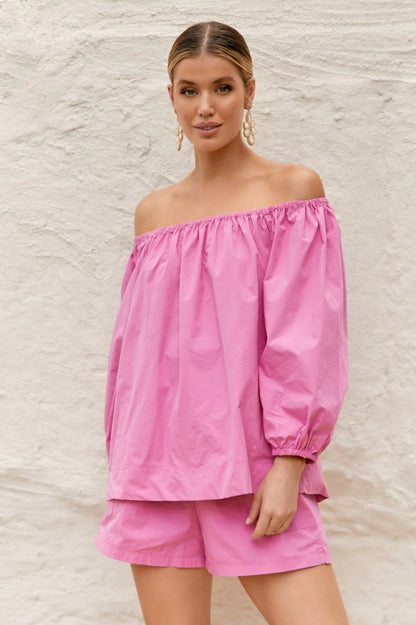 Kelsey Poplin Off Shoulder Top (PINK) - Size 16