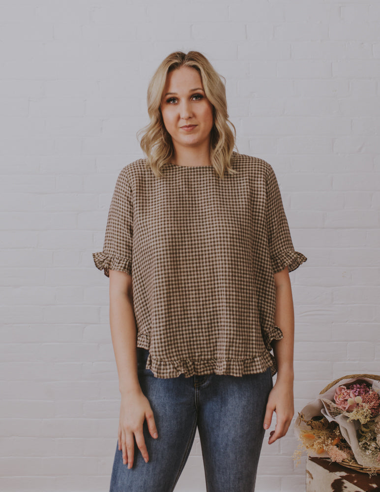 Gingham Middle Sleeve Frill Top - Chocolate