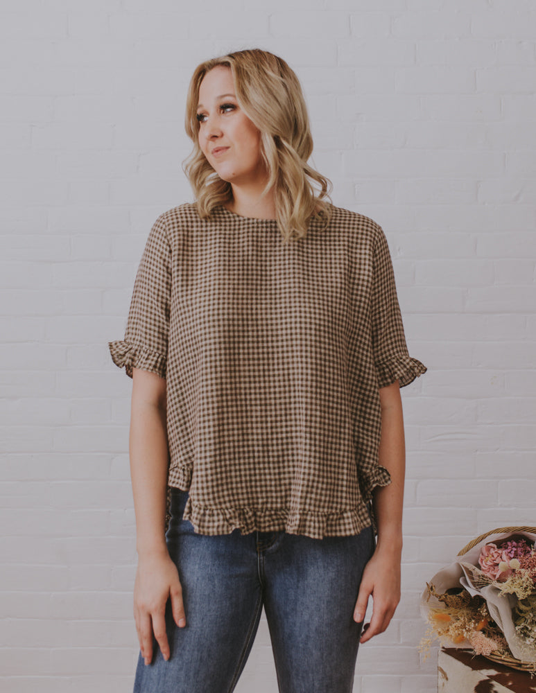 Gingham Middle Sleeve Frill Top - Chocolate – Lil + Frank