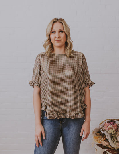 Gingham Middle Sleeve Frill Top - Chocolate